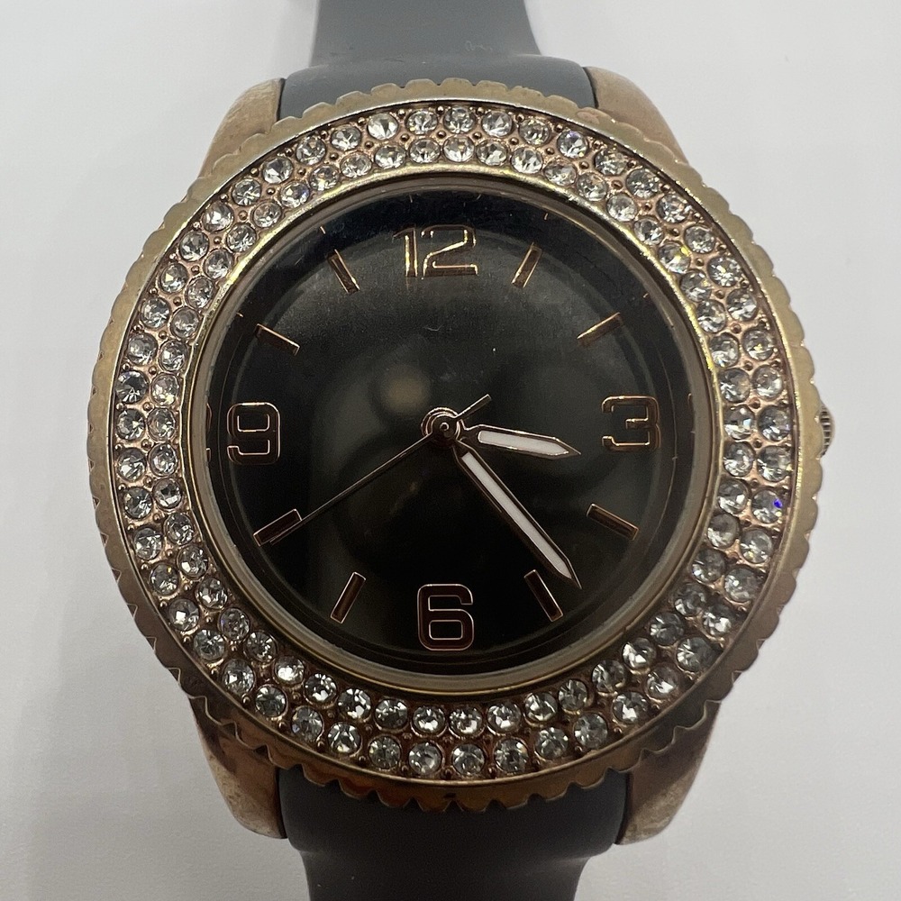 Shiny Mirror Dial Crystal Accent Gold Tone Case Gray‎ Silicone Band Watch